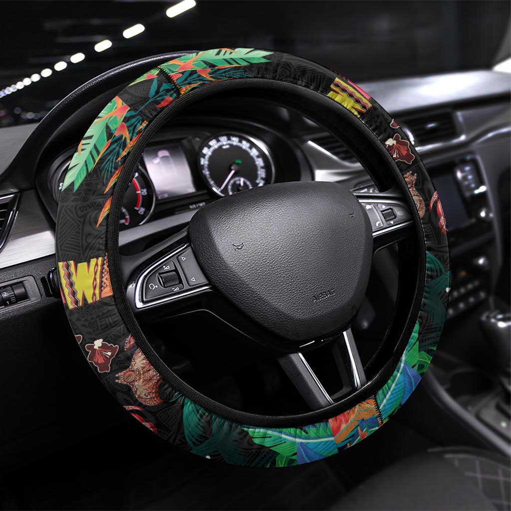 Hawaiian Alohawaii Steering Wheel Cover Tribal Sea Animals Tattoo and Tropical Plants LT03 Universal Fit Black - Polynesian Pride