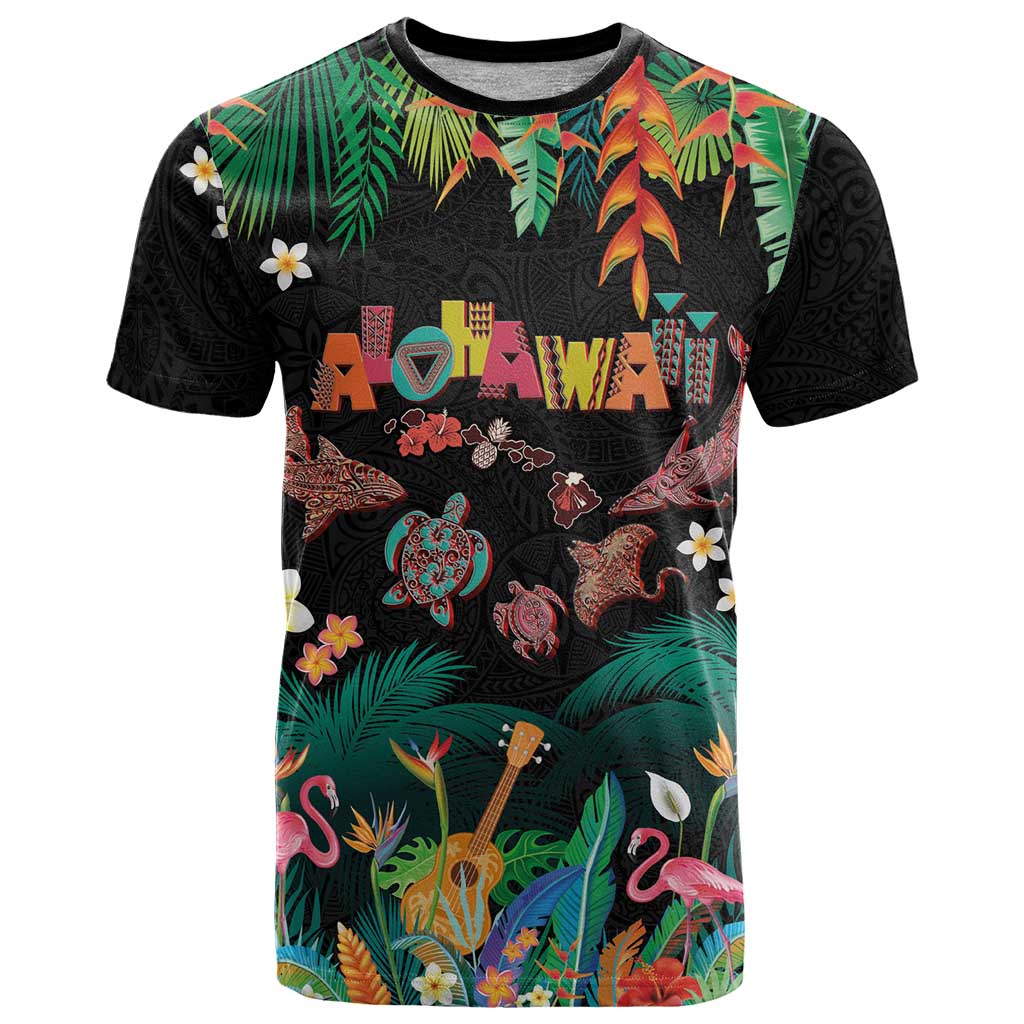Hawaiian Alohawaii T Shirt Tribal Sea Animals Tattoo and Tropical Plants LT03 Black - Polynesian Pride