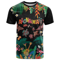 Hawaiian Alohawaii T Shirt Tribal Sea Animals Tattoo and Tropical Plants LT03 Black - Polynesian Pride