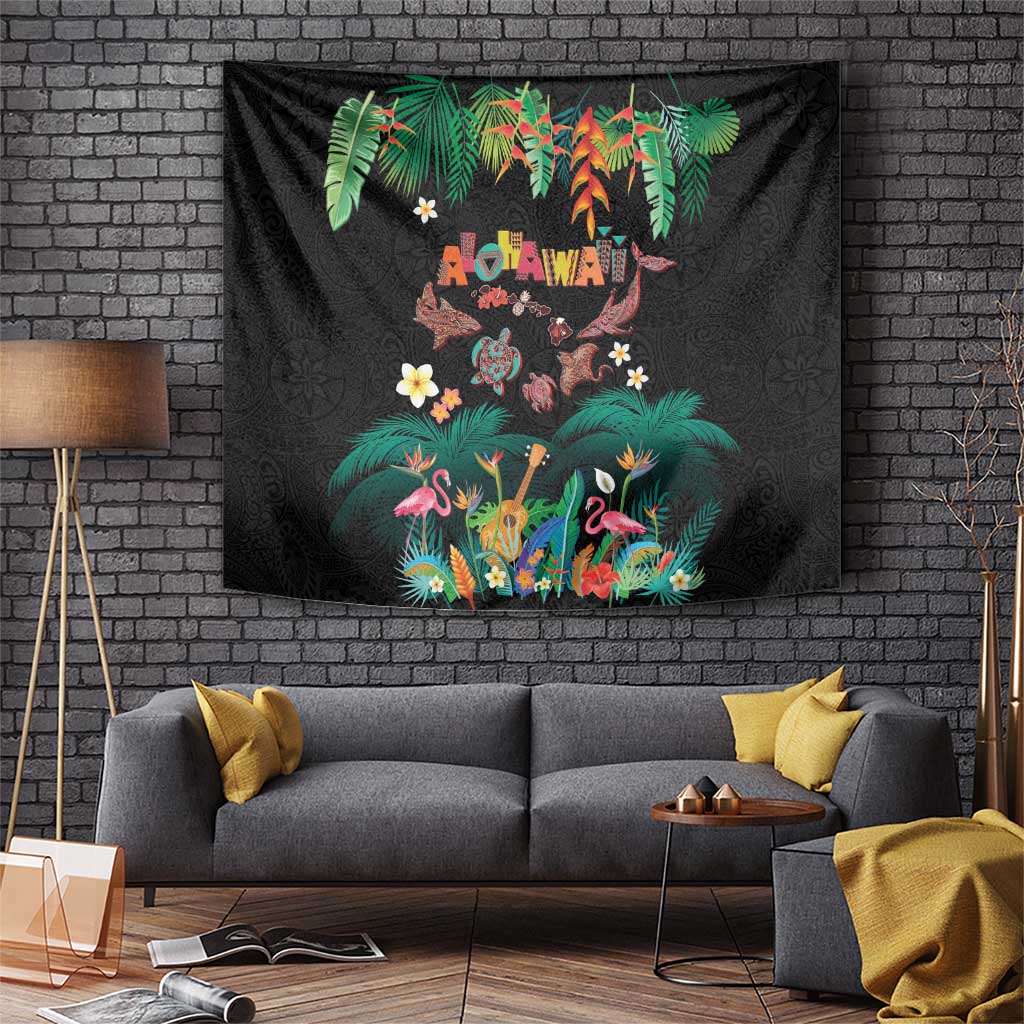 Hawaiian Alohawaii Tapestry Tribal Sea Animals Tattoo and Tropical Plants LT03 Black - Polynesian Pride