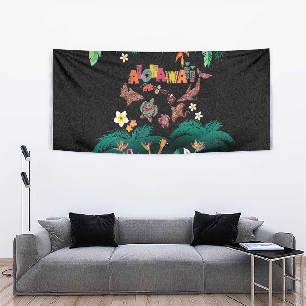 Hawaiian Alohawaii Tapestry Tribal Sea Animals Tattoo and Tropical Plants LT03 - Polynesian Pride