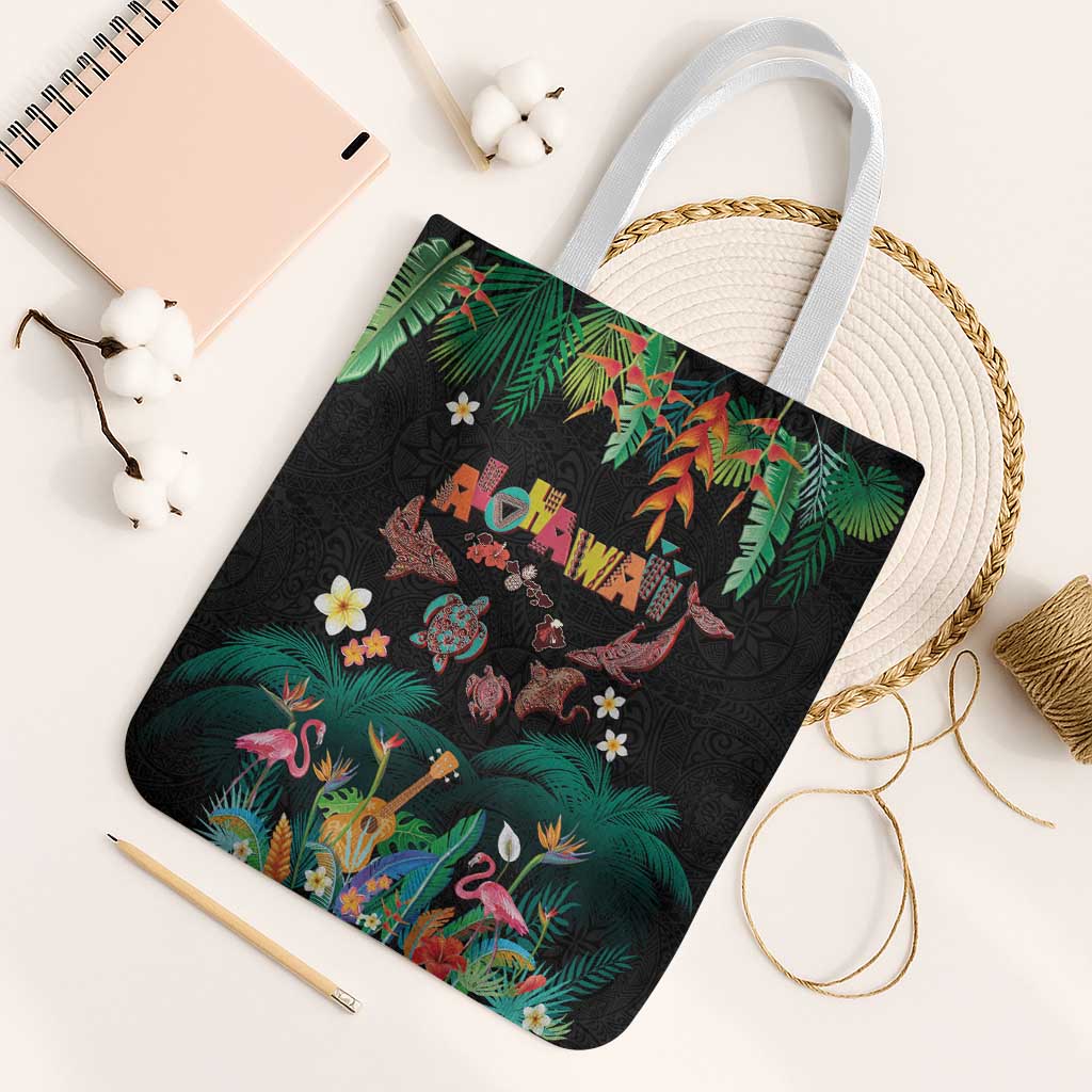 Hawaiian Alohawaii Tote Bag Tribal Sea Animals Tattoo and Tropical Plants LT03 White Strap One Size Black - Polynesian Pride