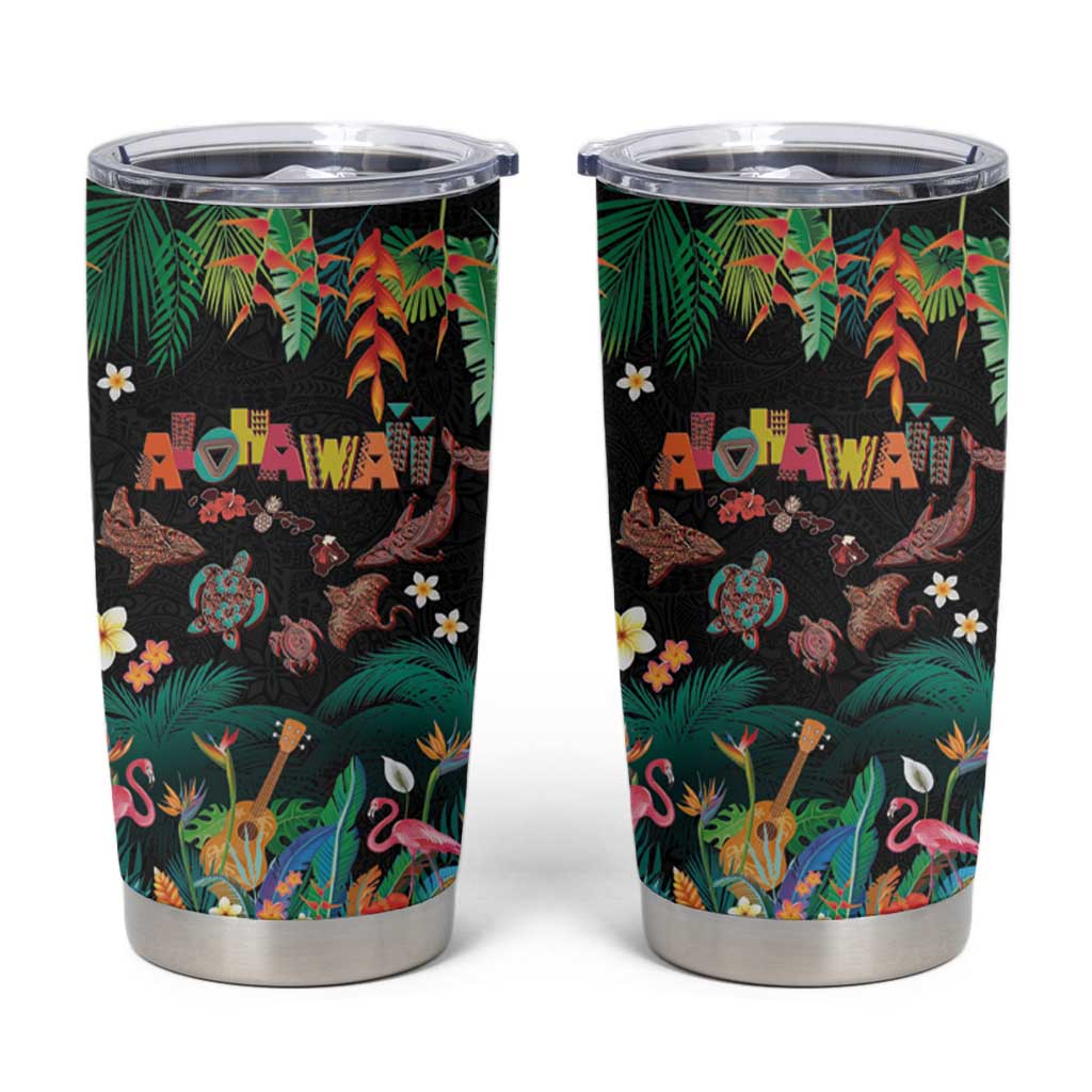 Hawaiian Alohawaii Tumbler Cup Tribal Sea Animals Tattoo and Tropical Plants LT03 Black - Polynesian Pride