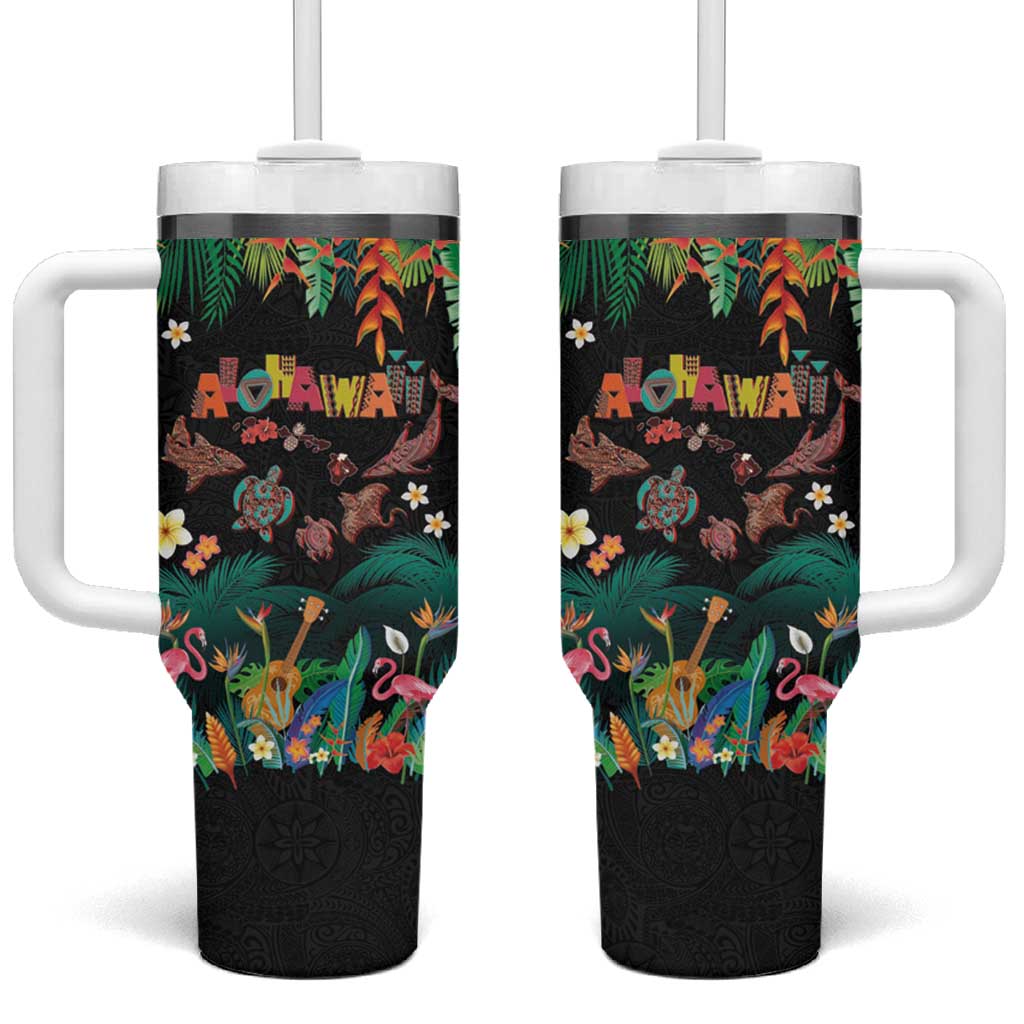 Hawaiian Alohawaii Tumbler With Handle Tribal Sea Animals Tattoo and Tropical Plants LT03 One Size: 40 oz Black - Polynesian Pride
