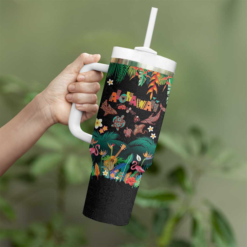 Hawaiian Alohawaii Tumbler With Handle Tribal Sea Animals Tattoo and Tropical Plants LT03 - Polynesian Pride