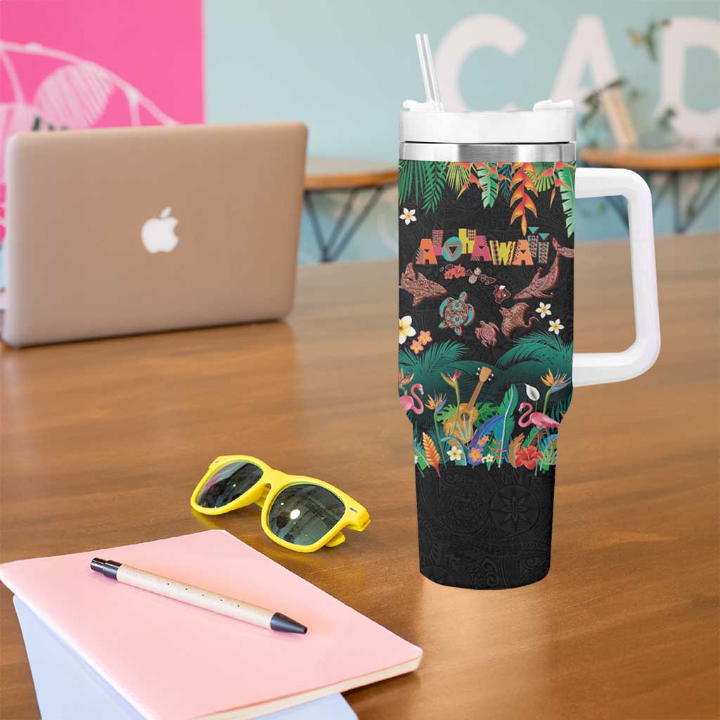 Hawaiian Alohawaii Tumbler With Handle Tribal Sea Animals Tattoo and Tropical Plants LT03 - Polynesian Pride