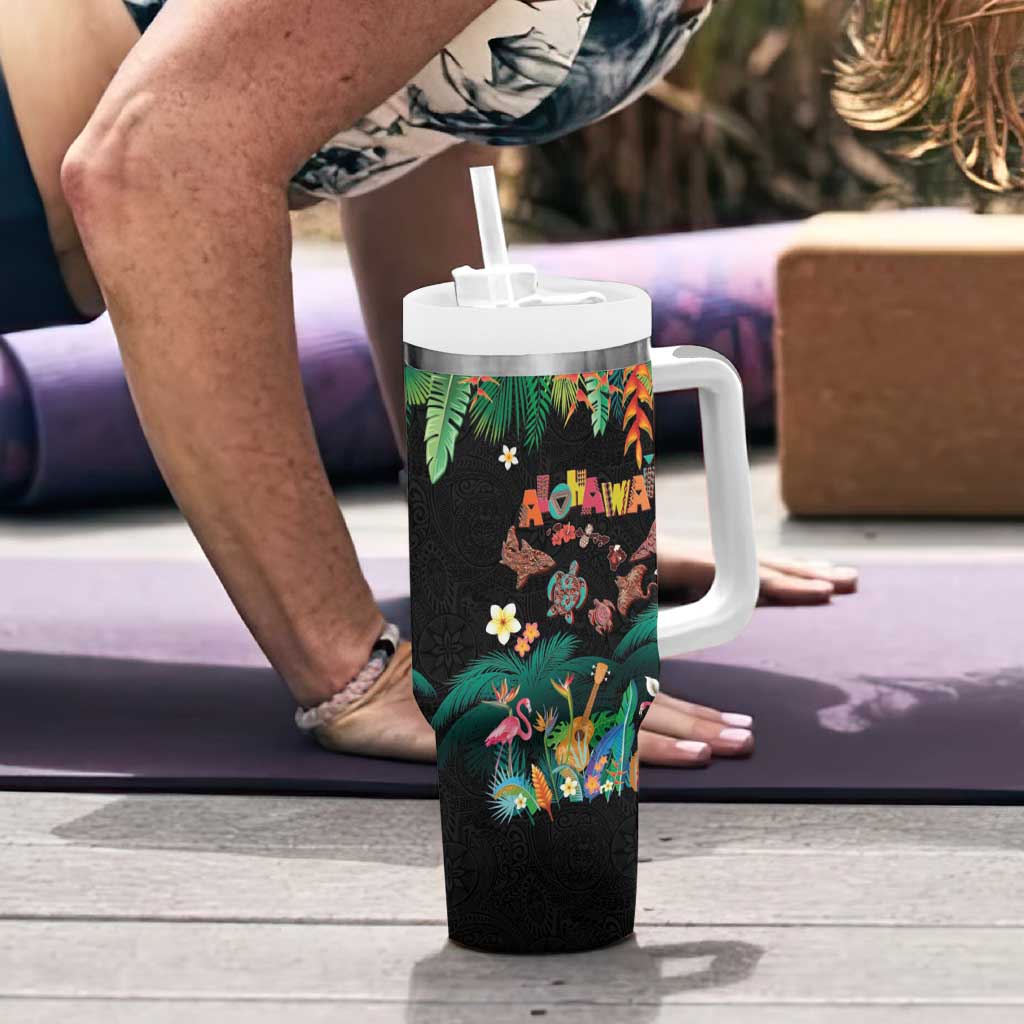 Hawaiian Alohawaii Tumbler With Handle Tribal Sea Animals Tattoo and Tropical Plants LT03 - Polynesian Pride