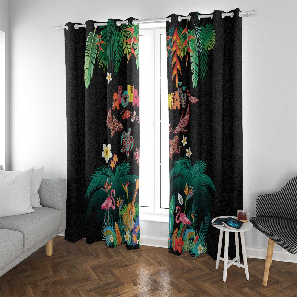 Hawaiian Alohawaii Window Curtain Tribal Sea Animals Tattoo and Tropical Plants LT03 With Grommets Black - Polynesian Pride