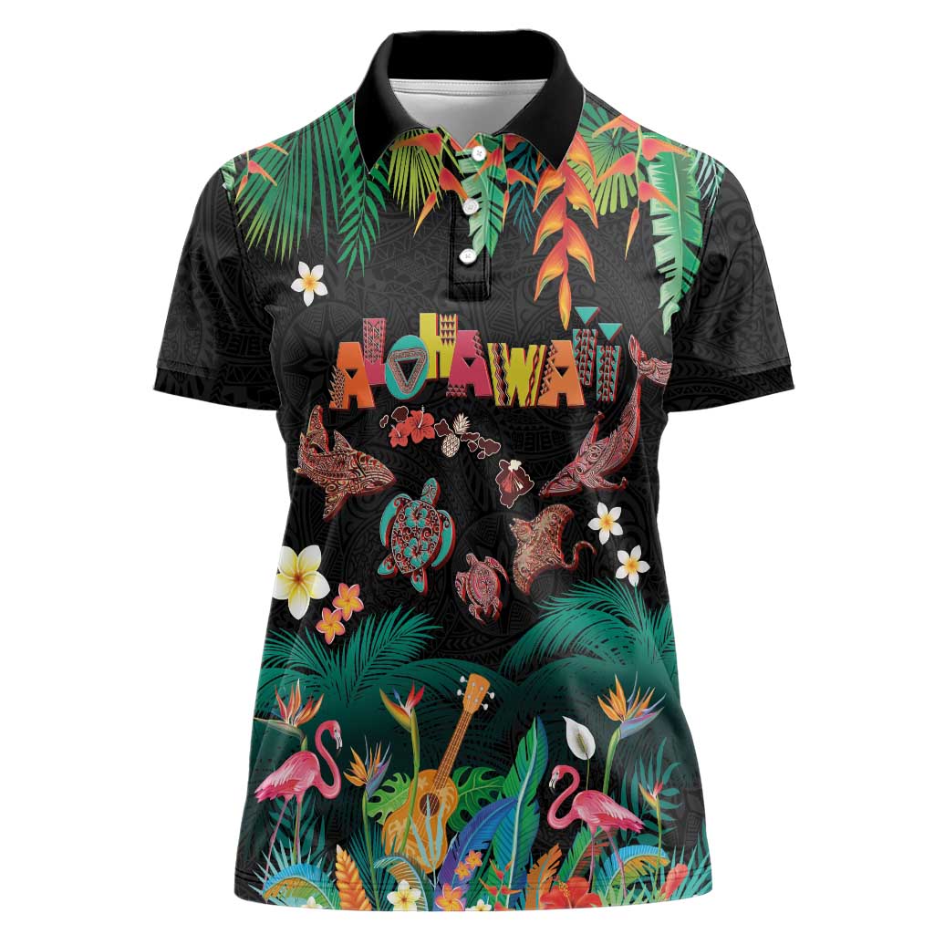 Hawaiian Alohawaii Women Polo Shirt Tribal Sea Animals Tattoo and Tropical Plants LT03 Female Black - Polynesian Pride