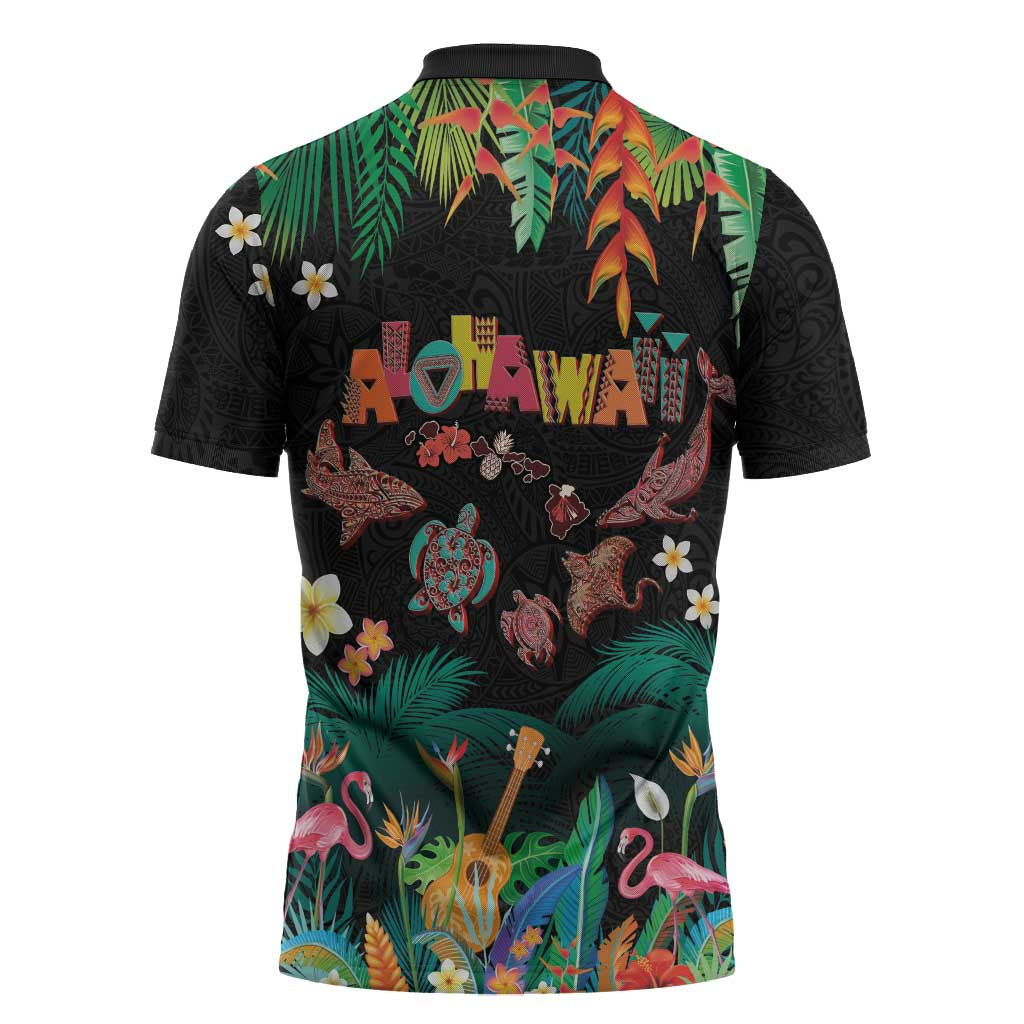 Hawaiian Alohawaii Zipper Polo Shirt Tribal Sea Animals Tattoo and Tropical Plants LT03 - Polynesian Pride