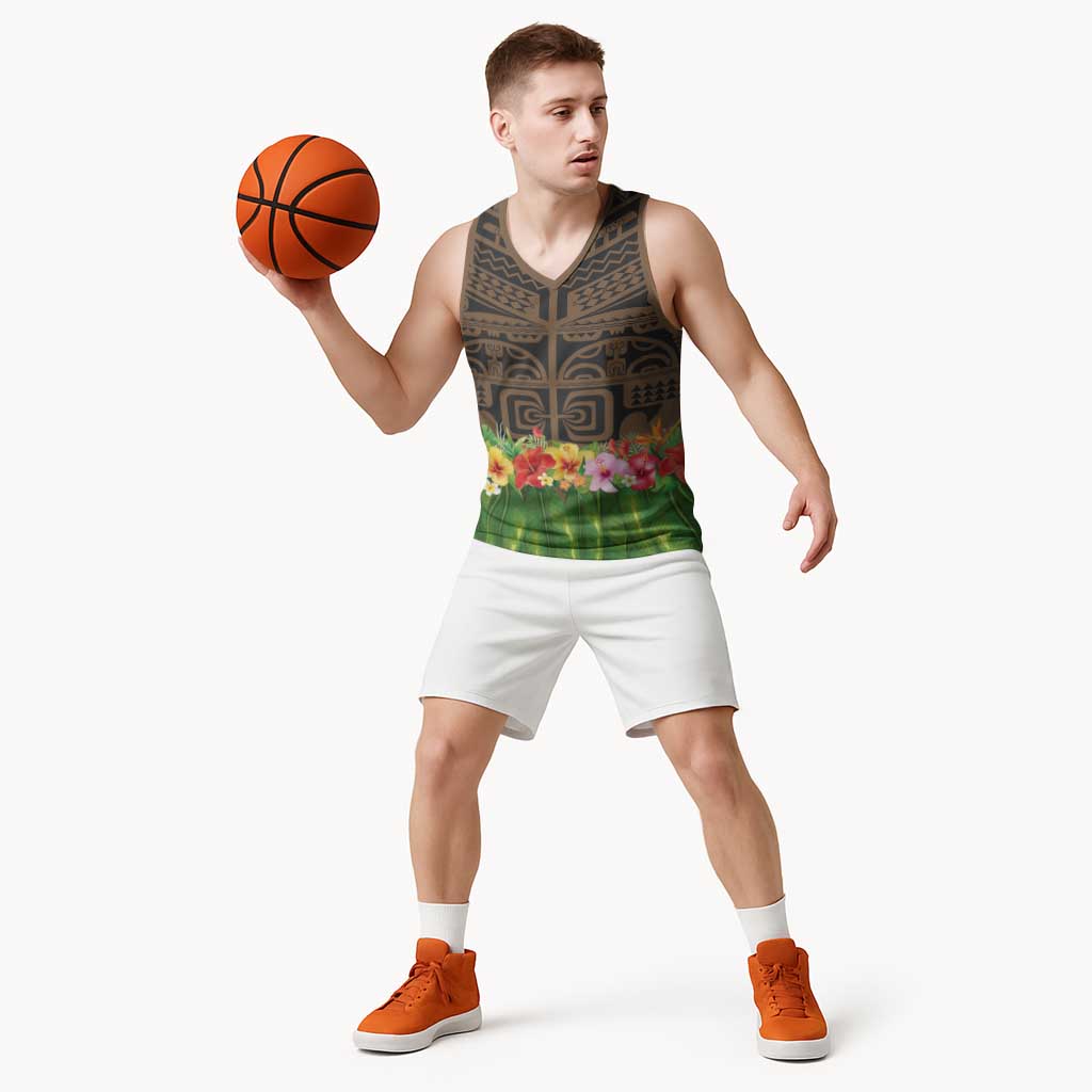 Hawaiian Hula Costume Basketball Jersey Tribal Tattoo and Tropical Plants Skirt LT03 - Polynesian Pride