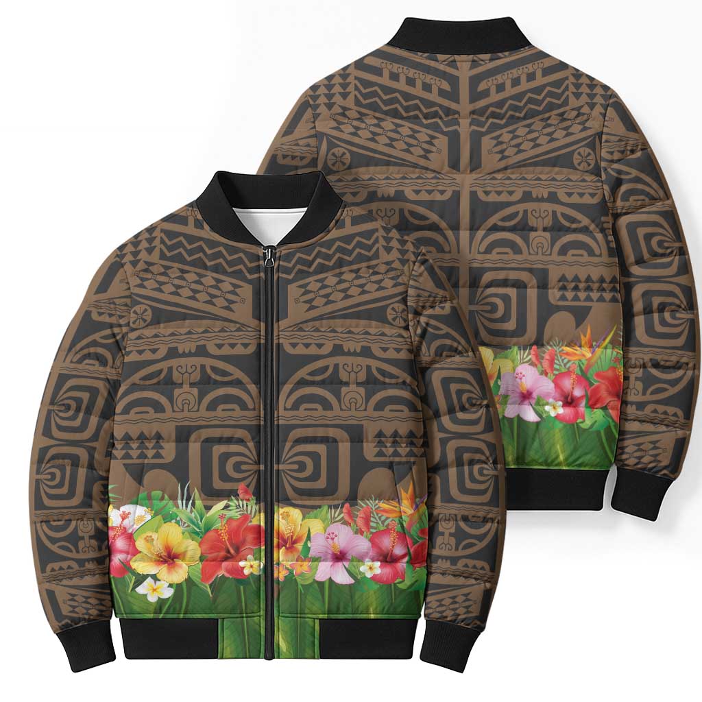 Hawaiian Hula Costume Bomber Puffer Jacket Tribal Tattoo and Tropical Plants Skirt - Polynesian Pride