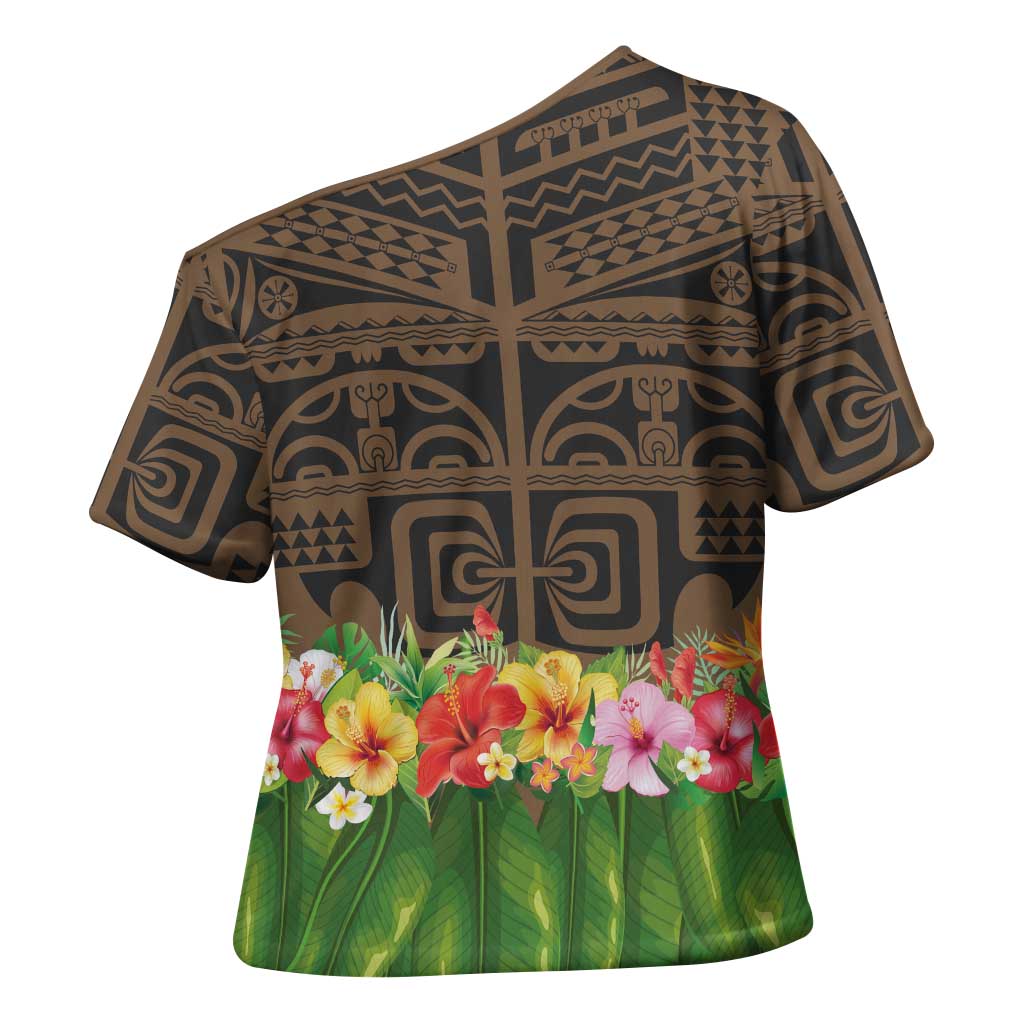 Hawaiian Hula Costume Cross Shoulder Shirt Tribal Tattoo and Tropical Plants Skirt LT03 - Polynesian Pride