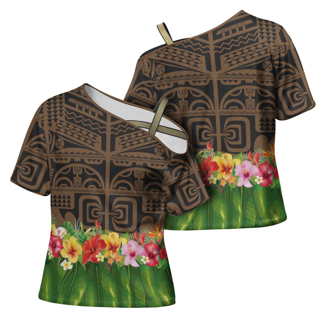 Hawaiian Hula Costume Cross Shoulder Shirt Tribal Tattoo and Tropical Plants Skirt LT03 - Polynesian Pride