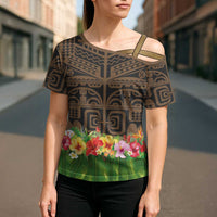 Hawaiian Hula Costume Cross Shoulder Shirt Tribal Tattoo and Tropical Plants Skirt LT03 - Polynesian Pride