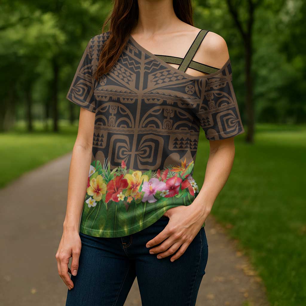Hawaiian Hula Costume Cross Shoulder Shirt Tribal Tattoo and Tropical Plants Skirt LT03 - Polynesian Pride