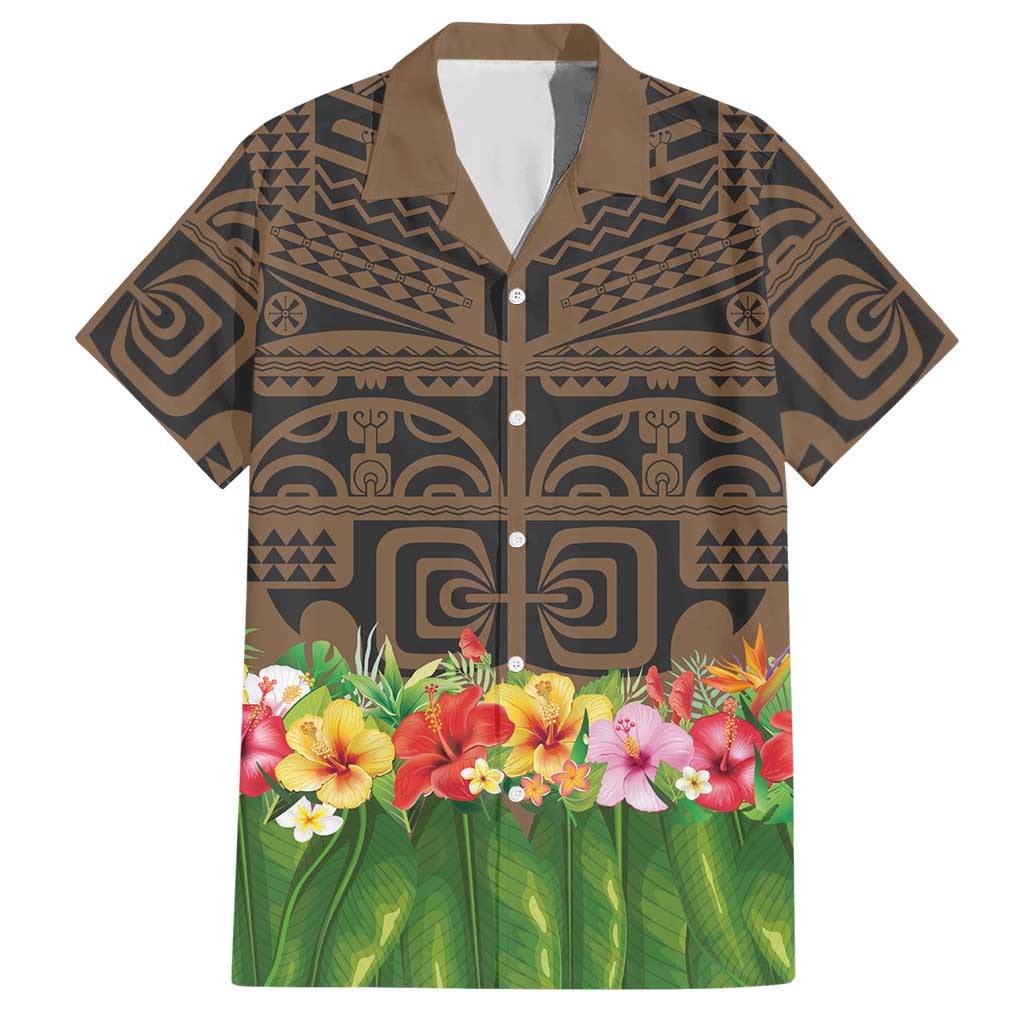 Hawaiian Hula Costume Hawaiian Shirt Tribal Tattoo and Tropical Plants Skirt LT03 Brown - Polynesian Pride
