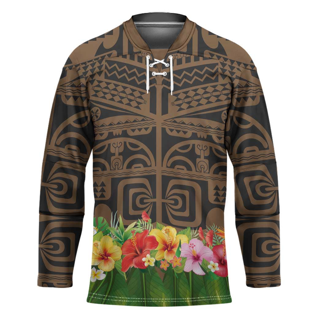 Hawaiian Hula Costume Hockey Jersey Tribal Tattoo and Tropical Plants Skirt LT03 Unisex Brown - Polynesian Pride