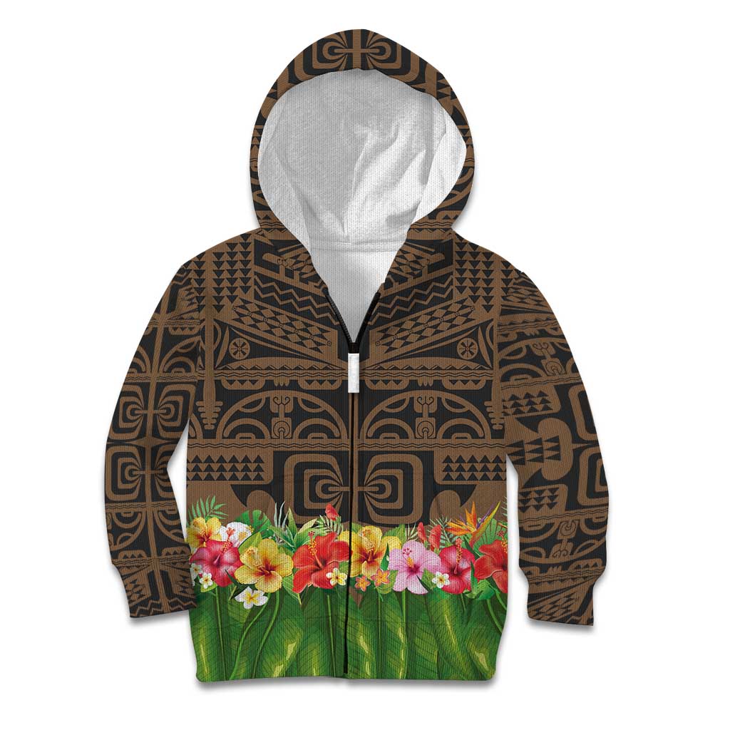 Hawaiian Hula Costume Kid Hoodie Tribal Tattoo and Tropical Plants Skirt LT03 Zip Hoodie Brown - Polynesian Pride
