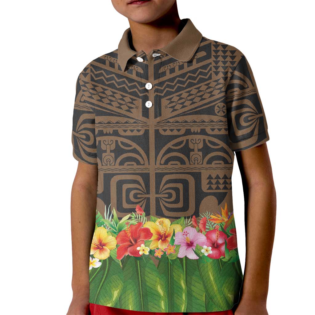 Hawaiian Hula Costume Kid Polo Shirt Tribal Tattoo and Tropical Plants Skirt LT03 Kid Brown - Polynesian Pride