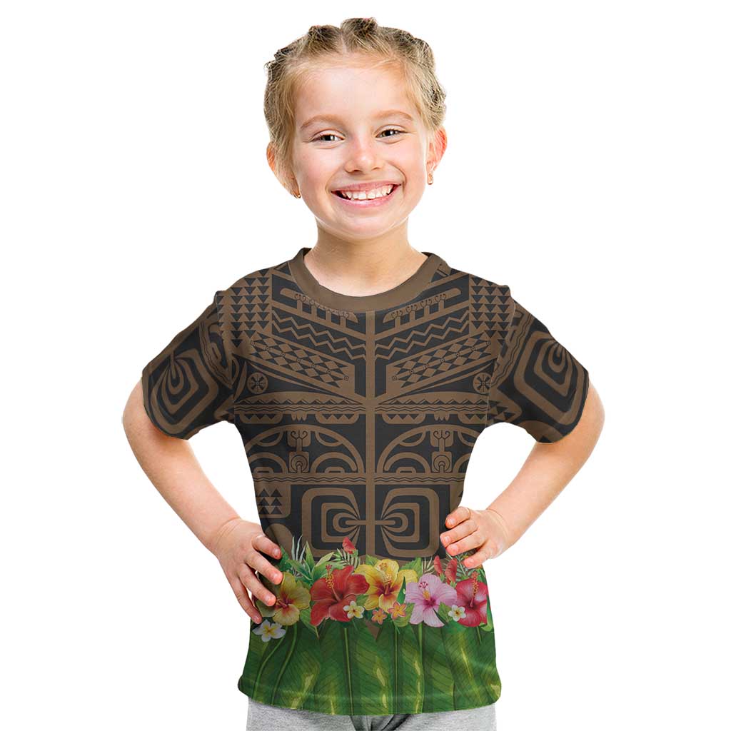 Hawaiian Hula Costume Kid T Shirt Tribal Tattoo and Tropical Plants Skirt LT03 Brown - Polynesian Pride
