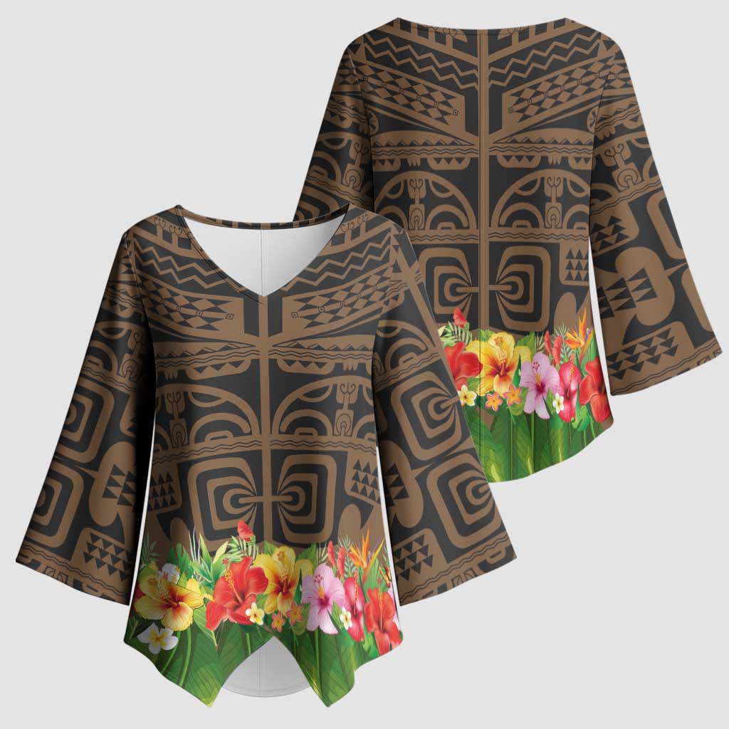 Hawaiian Hula Costume Kimono Sleeve Blouse Tribal Tattoo and Tropical Plants Skirt LT03 - Polynesian Pride