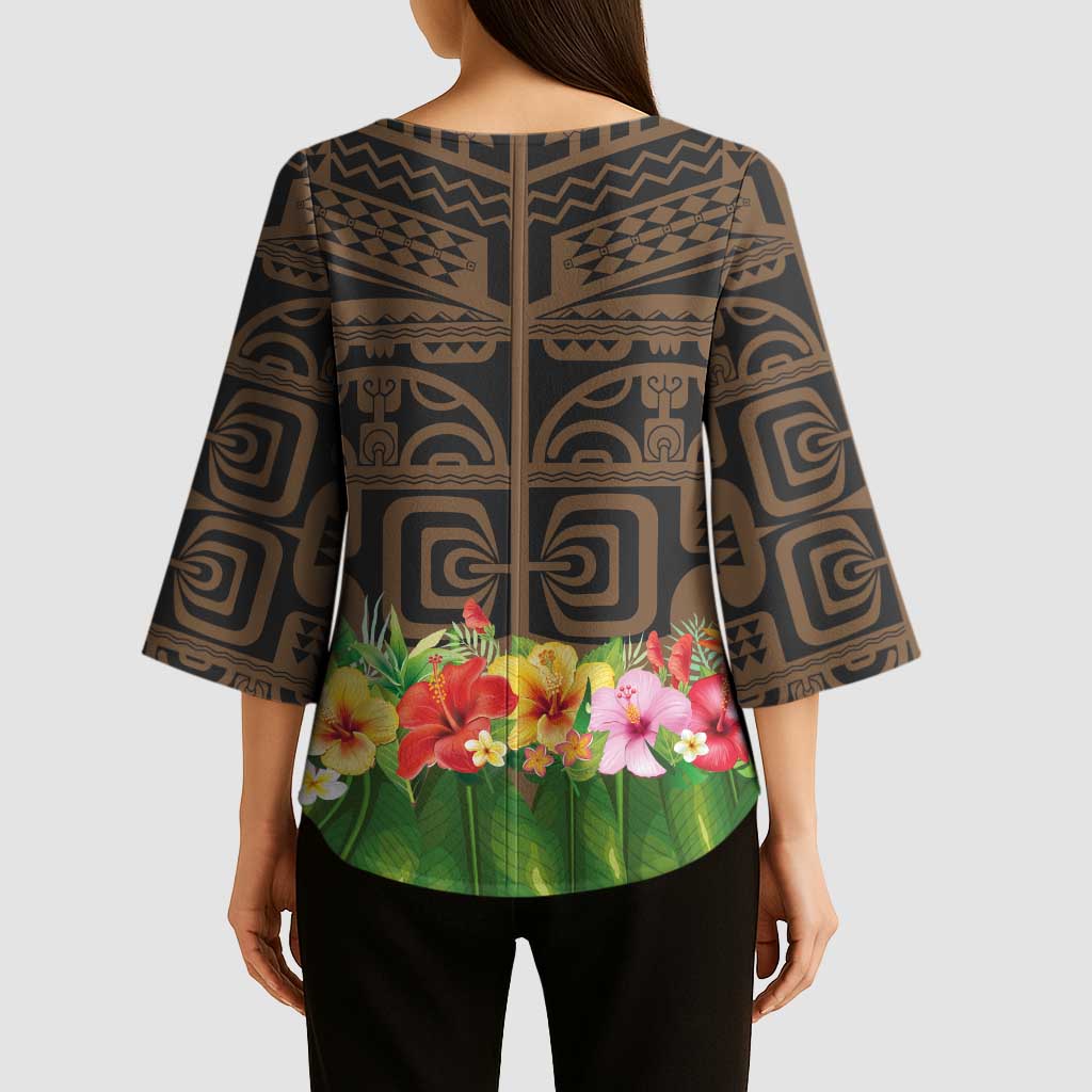 Hawaiian Hula Costume Kimono Sleeve Blouse Tribal Tattoo and Tropical Plants Skirt LT03 - Polynesian Pride