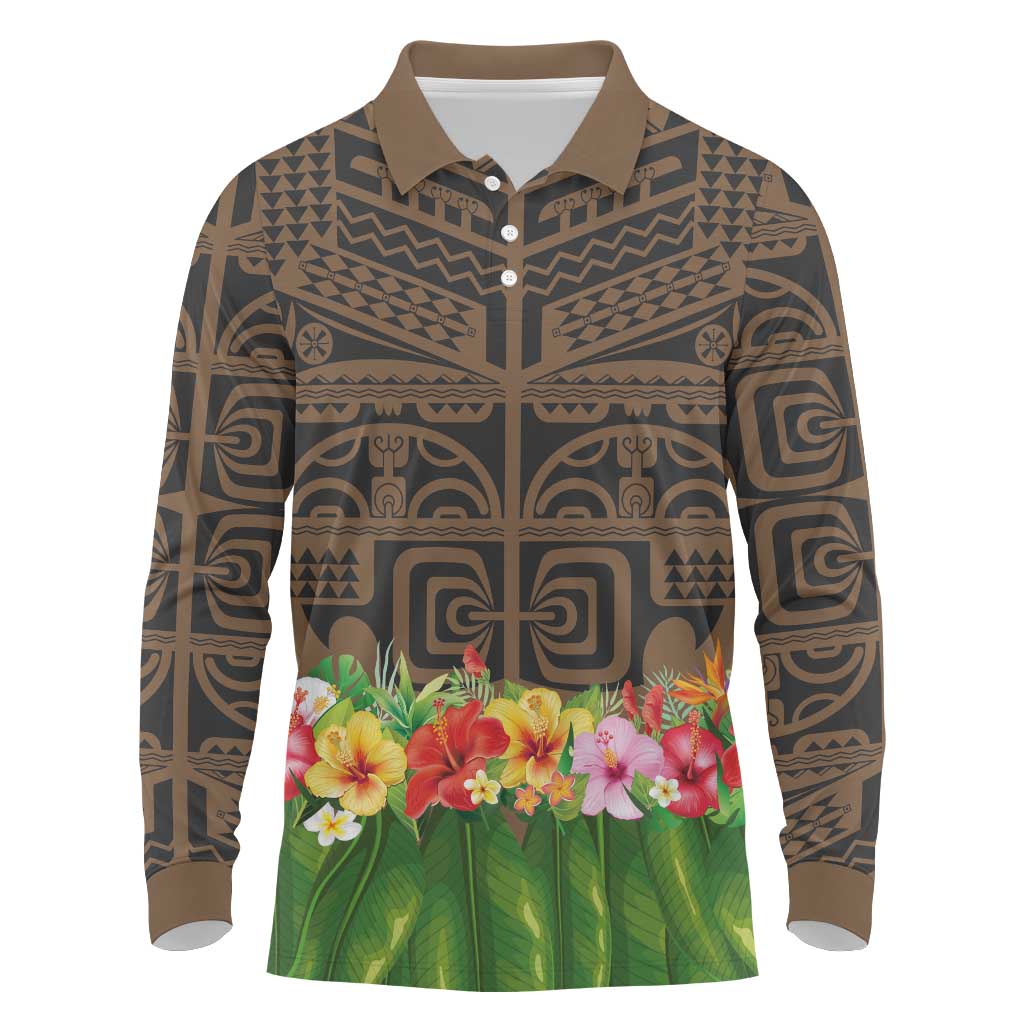 Hawaiian Hula Costume Long Sleeve Polo Shirt Tribal Tattoo and Tropical Plants Skirt LT03 Brown - Polynesian Pride