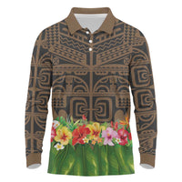 Hawaiian Hula Costume Long Sleeve Polo Shirt Tribal Tattoo and Tropical Plants Skirt LT03 Brown - Polynesian Pride