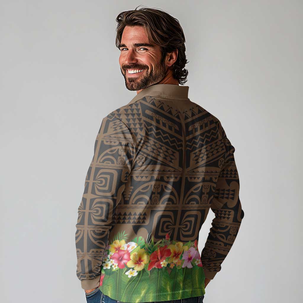 Hawaiian Hula Costume Long Sleeve Polo Shirt Tribal Tattoo and Tropical Plants Skirt LT03 - Polynesian Pride