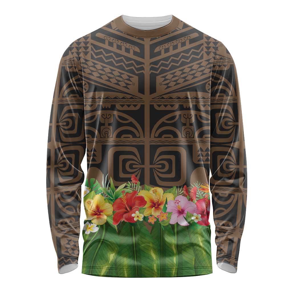 Hawaiian Hula Costume Long Sleeve Shirt Tribal Tattoo and Tropical Plants Skirt LT03 Unisex Brown - Polynesian Pride