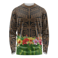 Hawaiian Hula Costume Long Sleeve Shirt Tribal Tattoo and Tropical Plants Skirt LT03 Unisex Brown - Polynesian Pride