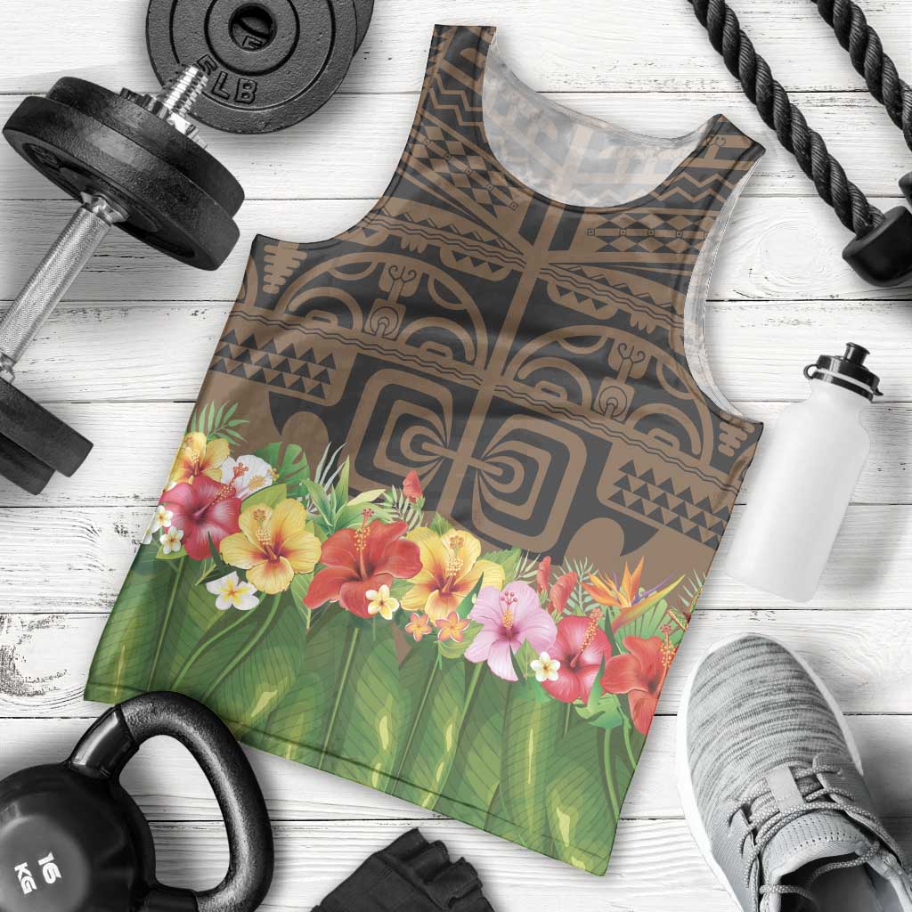Hawaiian Hula Costume Men Tank Top Tribal Tattoo and Tropical Plants Skirt LT03 - Polynesian Pride