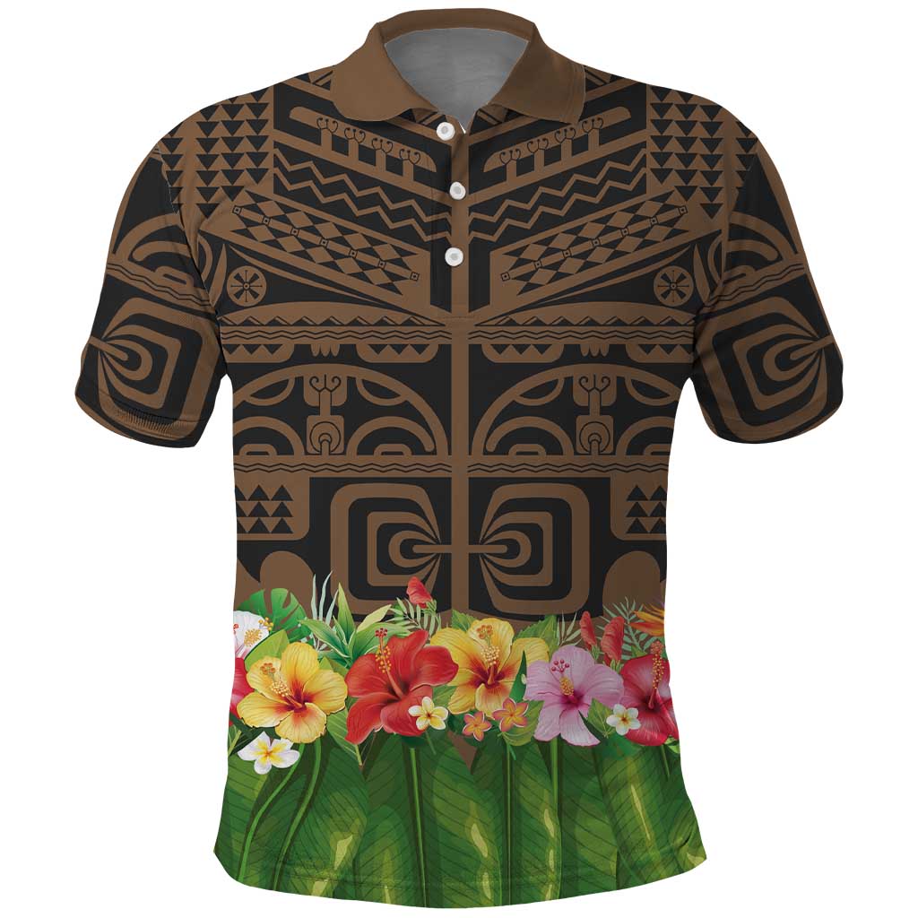 Hawaiian Hula Costume Polo Shirt Tribal Tattoo and Tropical Plants Skirt LT03 Brown - Polynesian Pride