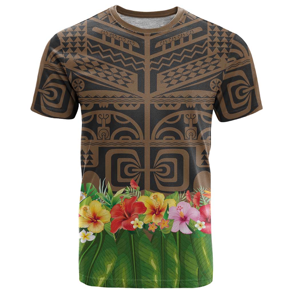Hawaiian Hula Costume T Shirt Tribal Tattoo and Tropical Plants Skirt LT03 Brown - Polynesian Pride