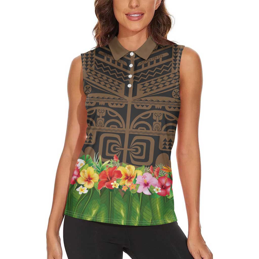 Hawaiian Hula Costume Women Sleeveless Polo Shirt Tribal Tattoo and Tropical Plants Skirt LT03 - Polynesian Pride