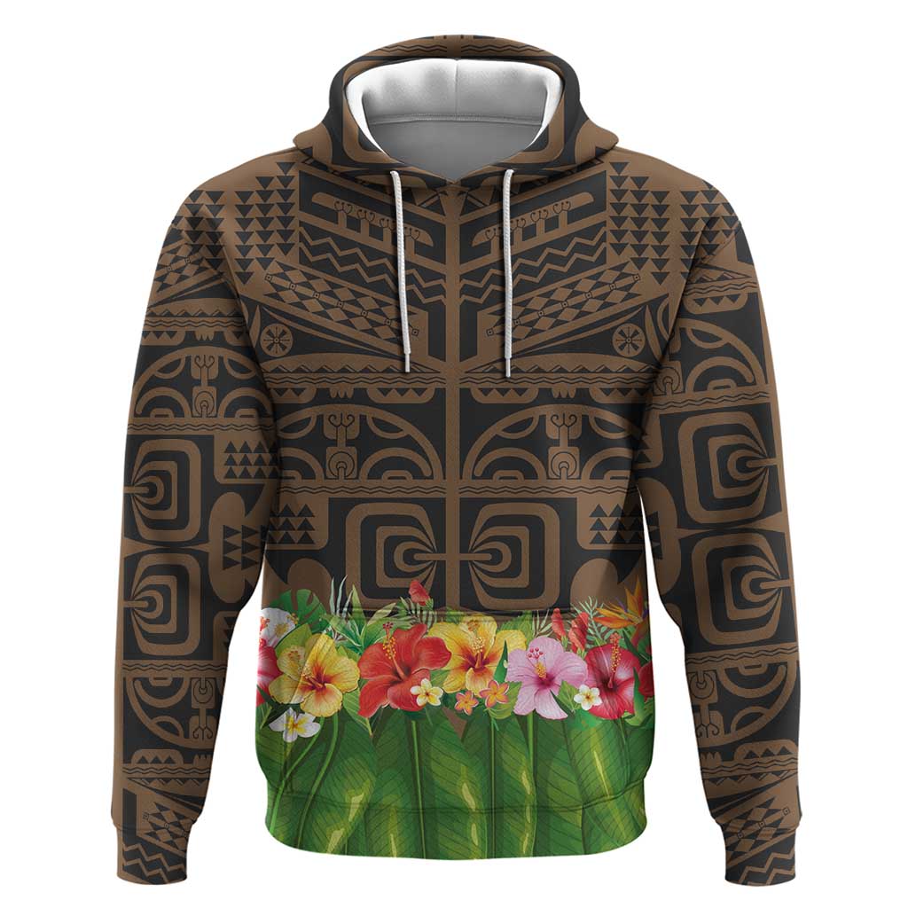 Hawaiian Hula Costume Zip Hoodie Tribal Tattoo and Tropical Plants Skirt LT03 Pullover Hoodie Brown - Polynesian Pride