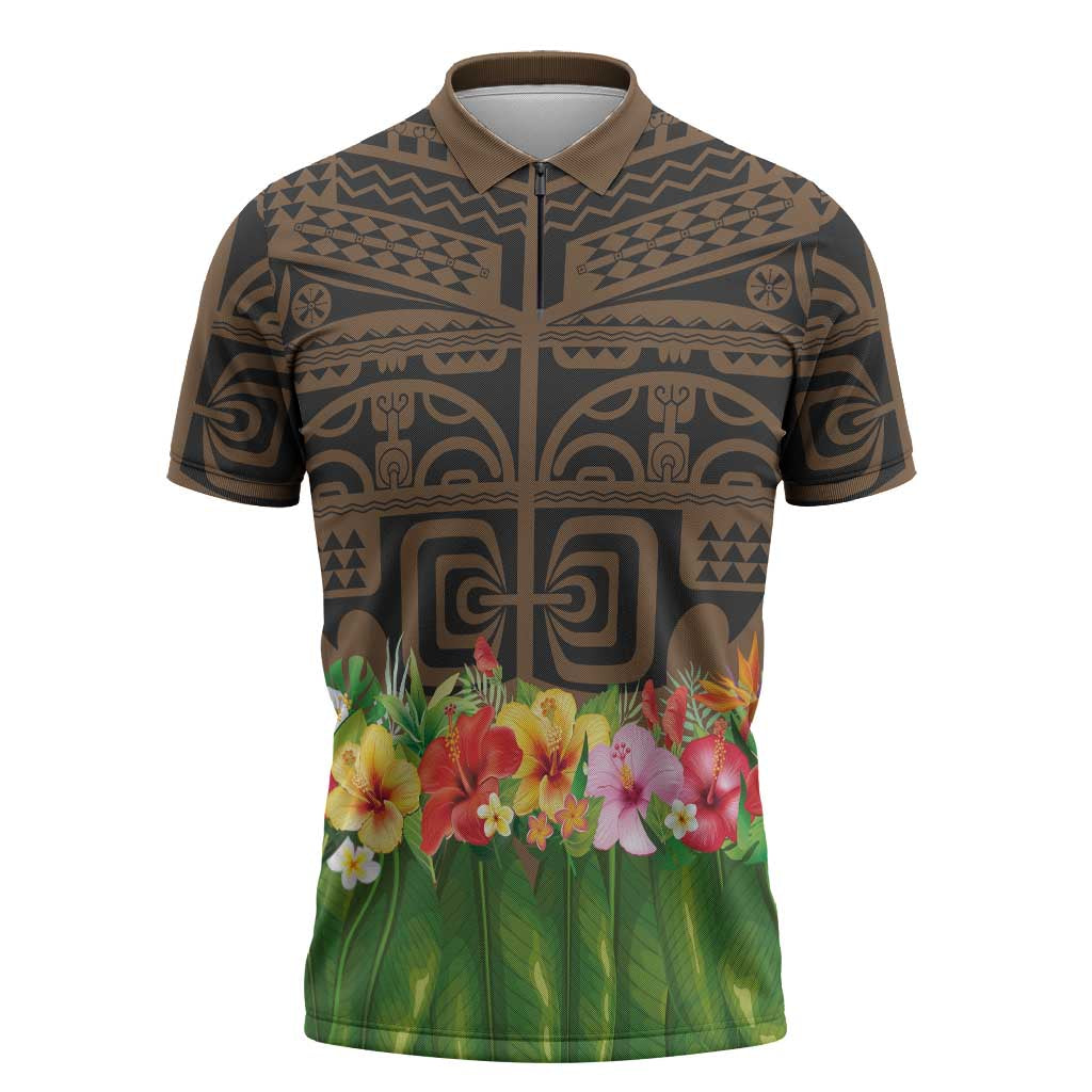Hawaiian Hula Costume Zipper Polo Shirt Tribal Tattoo and Tropical Plants Skirt LT03 Brown - Polynesian Pride