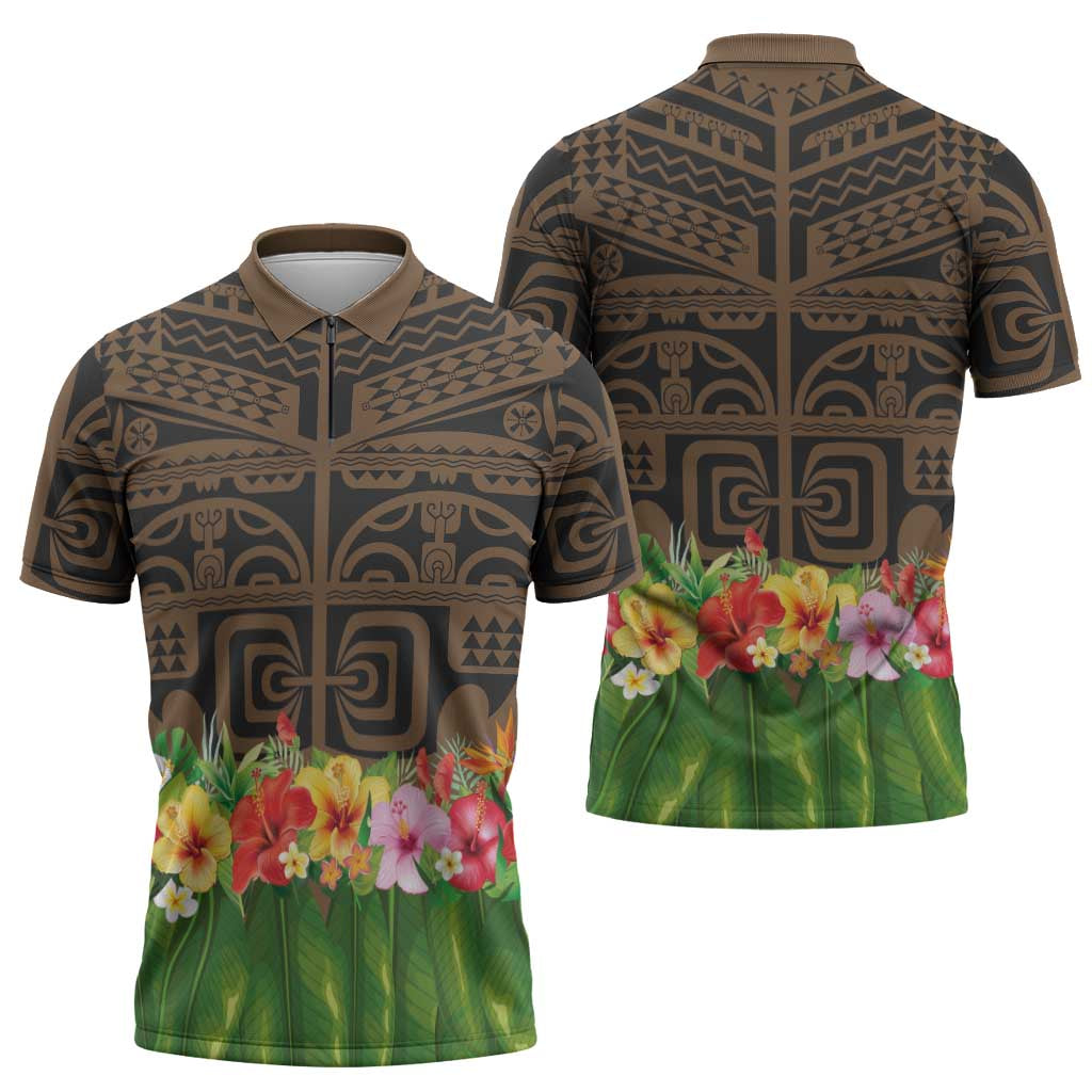 Hawaiian Hula Costume Zipper Polo Shirt Tribal Tattoo and Tropical Plants Skirt LT03 - Polynesian Pride
