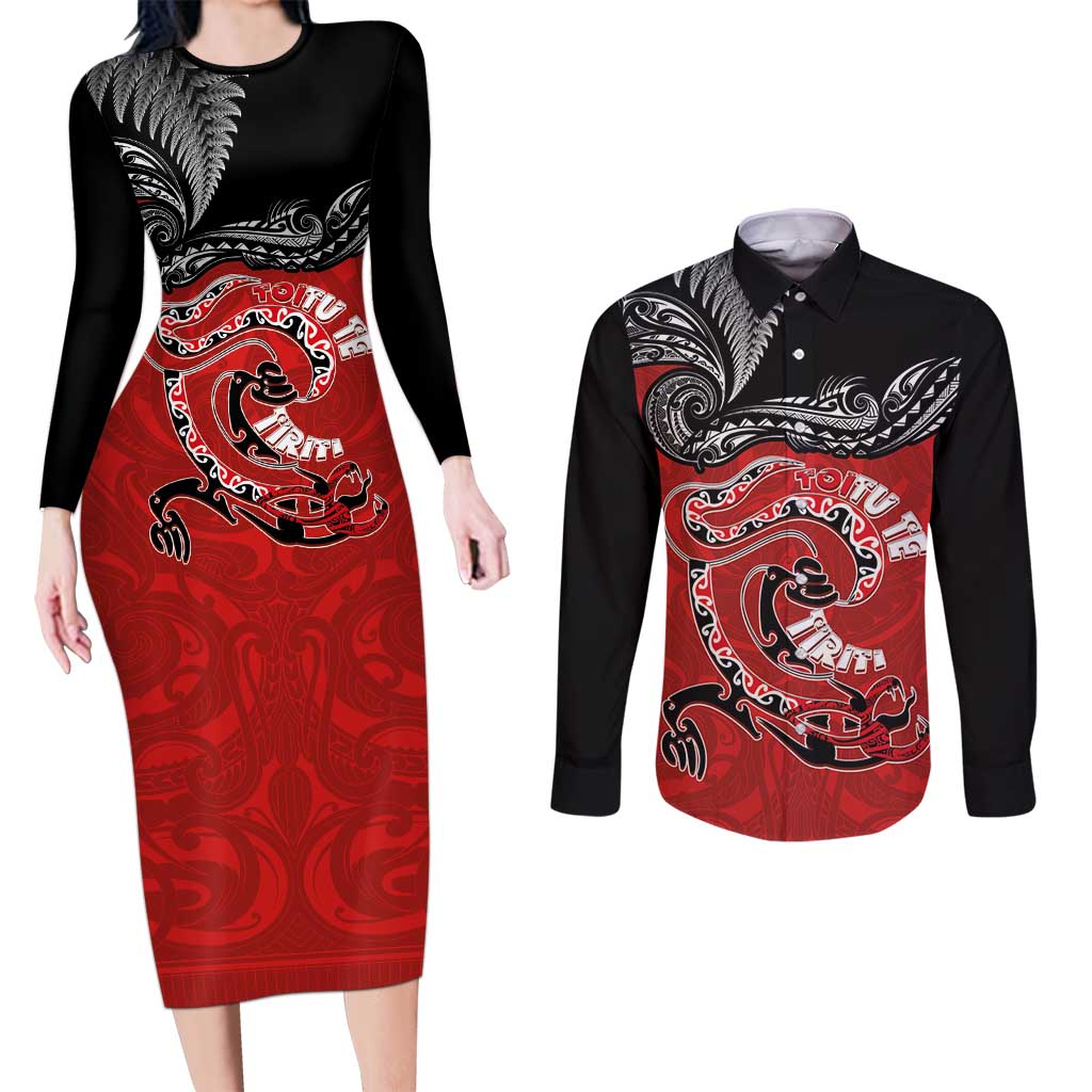 Personalised Aotearoa Toitu Te Tiriti Couples Matching Long Sleeve Bodycon Dress and Long Sleeve Button Shirt Taniwha Tribal Motifs LT03 Multicolor - Polynesian Pride