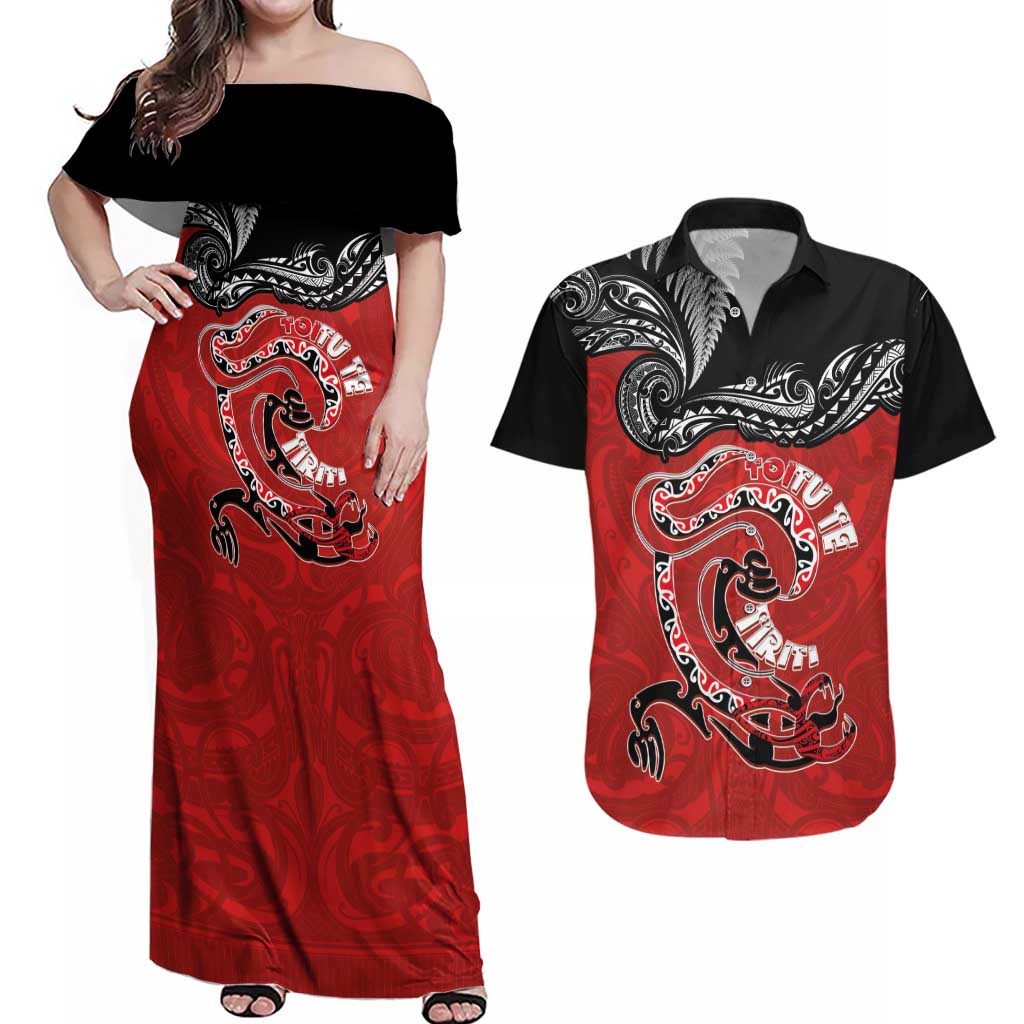 Personalised Aotearoa Toitu Te Tiriti Couples Matching Off Shoulder Maxi Dress and Hawaiian Shirt Taniwha Tribal Motifs LT03 Multicolor - Polynesian Pride
