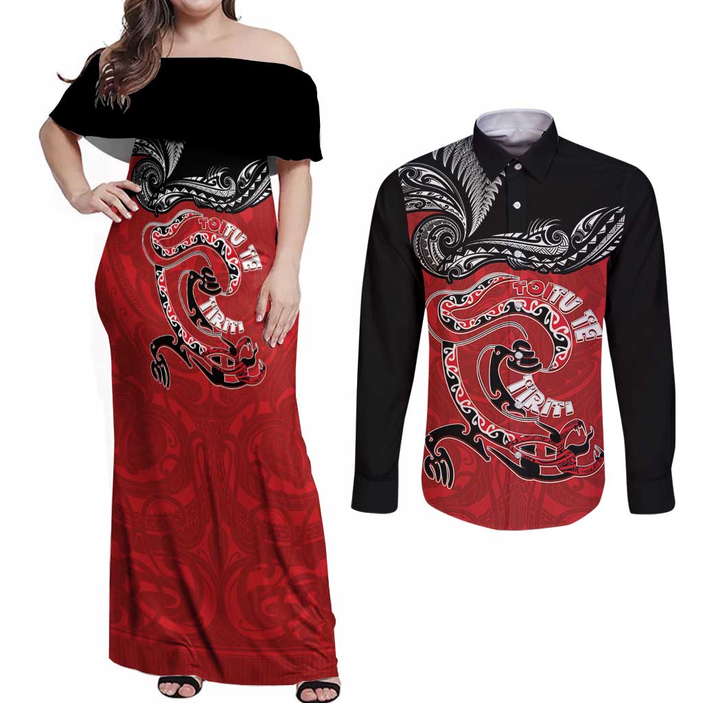 Personalised Aotearoa Toitu Te Tiriti Couples Matching Off Shoulder Maxi Dress and Long Sleeve Button Shirt Taniwha Tribal Motifs LT03 Multicolor - Polynesian Pride