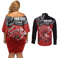 Personalised Aotearoa Toitu Te Tiriti Couples Matching Off Shoulder Short Dress and Long Sleeve Button Shirt Taniwha Tribal Motifs LT03 - Polynesian Pride