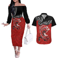 Personalised Aotearoa Toitu Te Tiriti Couples Matching Off The Shoulder Long Sleeve Dress and Hawaiian Shirt Taniwha Tribal Motifs LT03 Multicolor - Polynesian Pride