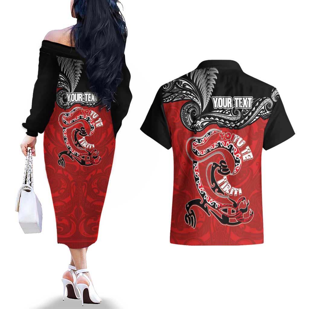 Personalised Aotearoa Toitu Te Tiriti Couples Matching Off The Shoulder Long Sleeve Dress and Hawaiian Shirt Taniwha Tribal Motifs LT03 - Polynesian Pride