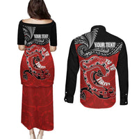 Personalised Aotearoa Toitu Te Tiriti Couples Matching Puletasi and Long Sleeve Button Shirt Taniwha Tribal Motifs LT03 - Polynesian Pride