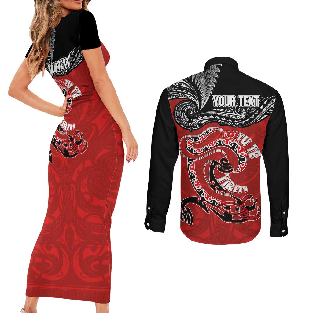 Personalised Aotearoa Toitu Te Tiriti Couples Matching Short Sleeve Bodycon Dress and Long Sleeve Button Shirt Taniwha Tribal Motifs LT03 - Polynesian Pride