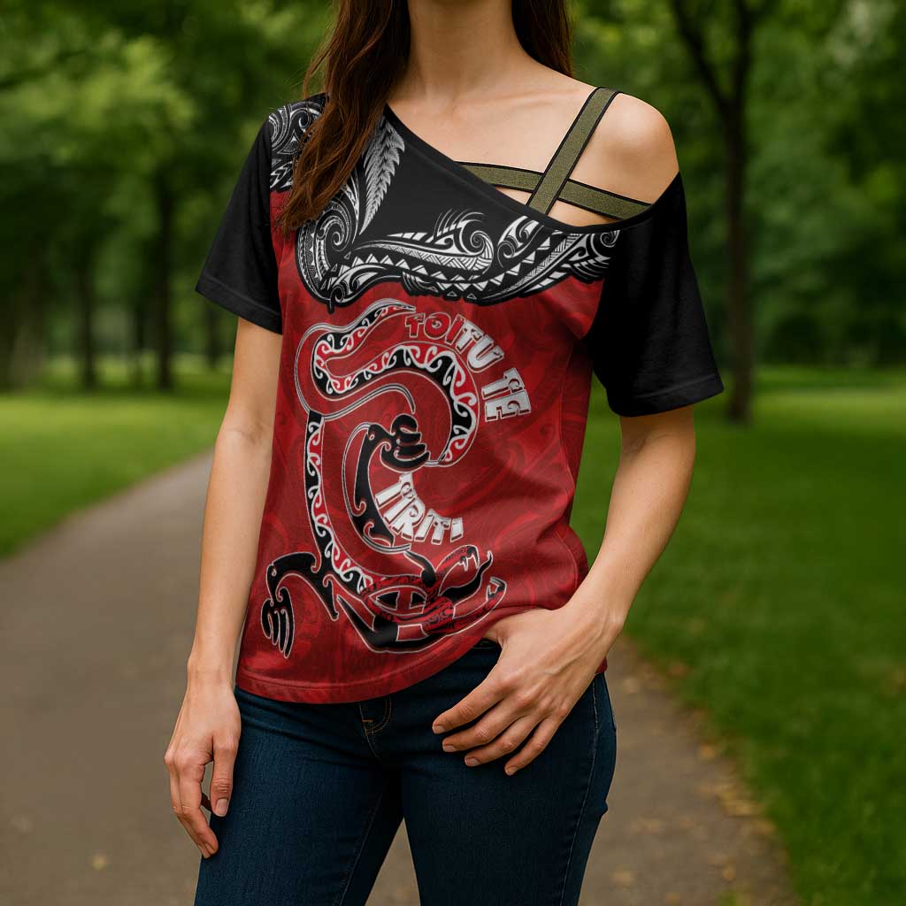 Personalised Aotearoa Toitu Te Tiriti Cross Shoulder Shirt Taniwha Tribal Motifs LT03 - Polynesian Pride