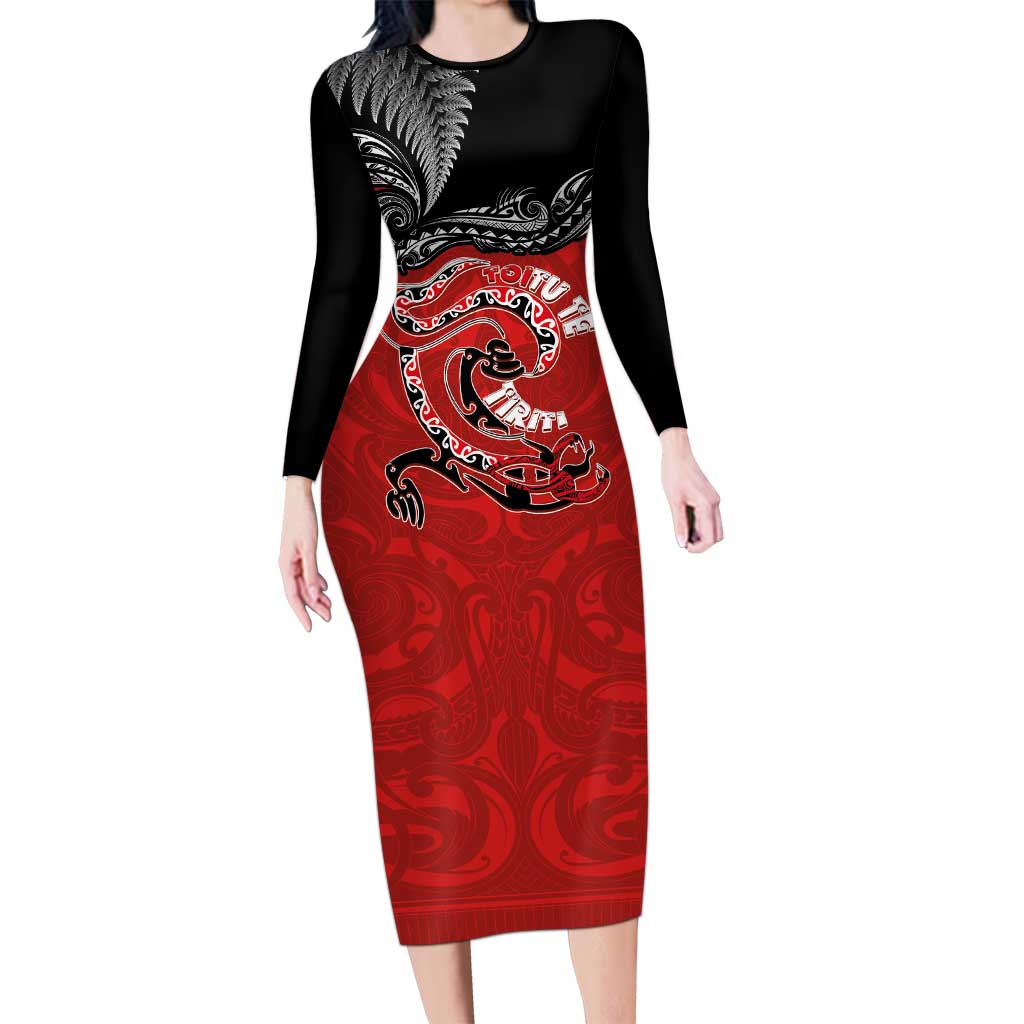 Personalised Aotearoa Toitu Te Tiriti Family Matching Long Sleeve Bodycon Dress and Hawaiian Shirt Taniwha Tribal Motifs LT03 Mom's Dress Multicolor - Polynesian Pride
