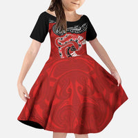 Personalised Aotearoa Toitu Te Tiriti Family Matching Off The Shoulder Long Sleeve Dress and Hawaiian Shirt Taniwha Tribal Motifs LT03 Daughter's Dress Multicolor - Polynesian Pride